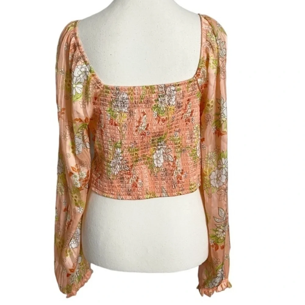 Madden NYC Junior's‎ Orange Floral Ruched Front Top with Sheering & Bra Cup - Picture 2 of 13